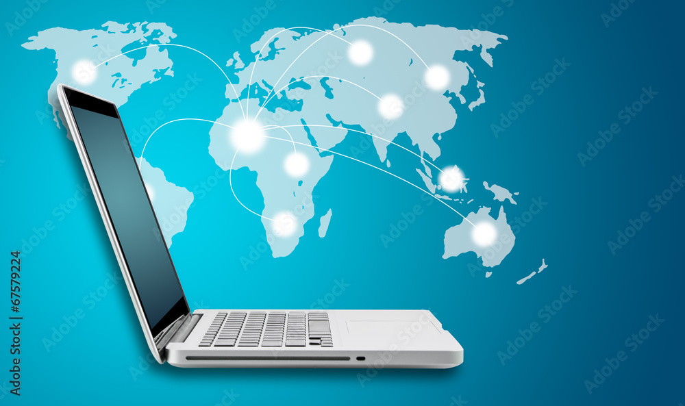 Poster technology computer laptop and networking concept with map