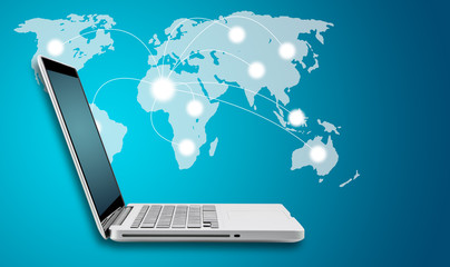 Technology computer laptop and networking concept with map