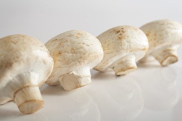 Fototapeta na wymiar Fresh, white mushrooms in line. Selective focus.