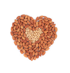 Almonds nuts in heart shape.