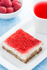 cream cakes with raspberry and fruit tea, top view