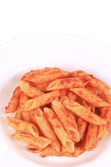 Pasta penne rigate with tomato sauce.