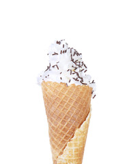 Cone ice-cream with chocolate sprinkles.