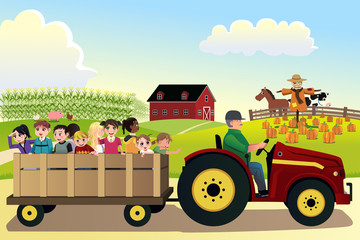 Kids going on a hayride in a farm with corn fields in the backgr