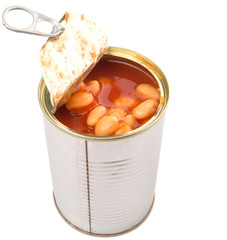 Baked bean in a tin can over white background 