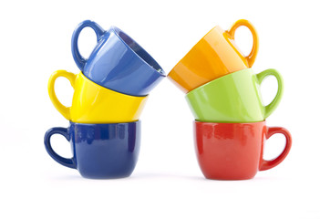 six multi-colored cups: