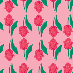 Seamless pink background with red tulips.