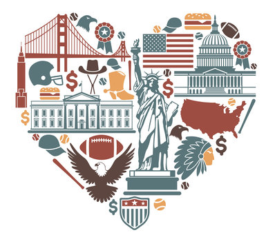 Icons of the USA in the form of heart
