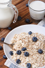 oatmeal with blueberries and milk vertical view from above