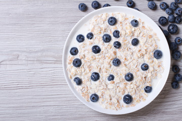 muesli with blueberries and milk top view horizontal