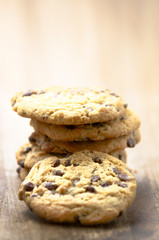 Chocolate cookies on a wood board.