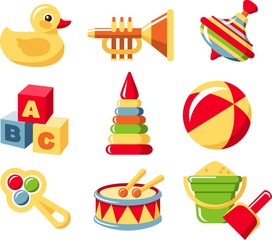 Nine different kind of toys on white background