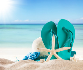 Summer beach with blue sandals and shells