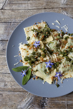 handmade pasta ravioli with borage, flowers and sage on plate