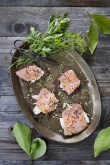 starters with salmon butter seeds lemon on rye bread