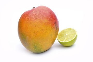 Mango fruit and lime on white background