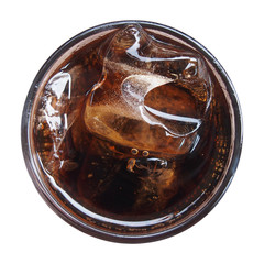 top view of cola with ice in glass on white background