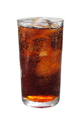 cola with ice in glass on white background