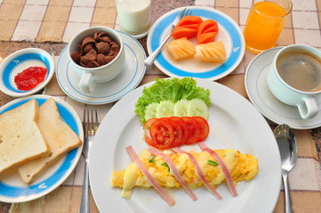 set of american breakfast on table.