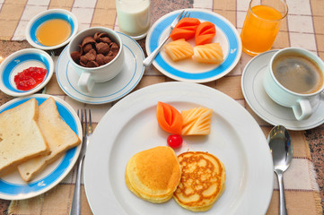 set of american breakfast on table.