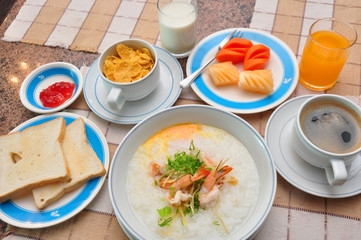 set of american breakfast on table.