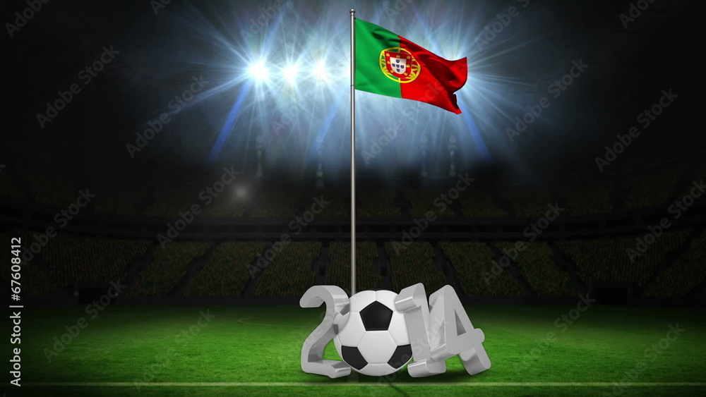 Poster portugal national flag waving on flagpole with 2014 message