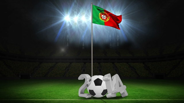 Portugal national flag waving on flagpole with 2014 message