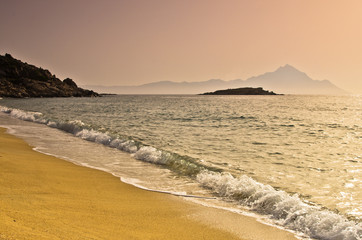 Sunrise at the beach near holy mountain Athos, Chalkidiki