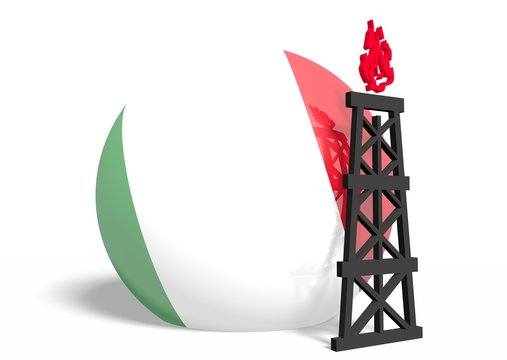 italy national flag on sphere and 3d gas rig model near 