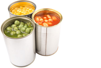 Baked beans, green peas and sweet corn in tin can 