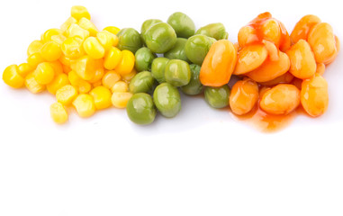 A group of baked beans, green peas and sweet corn over white 