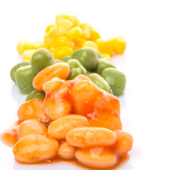 A group of baked beans, green peas and sweet corn over white 