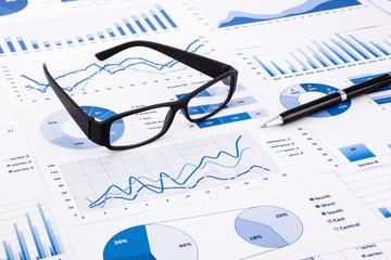 blue business charts, graphs, document and paperwork