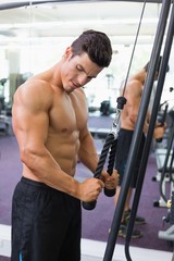 Shirtless muscular man using triceps pull down in gym