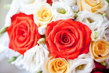 White Bridal Veil, apples in a basket and bridal bouquet