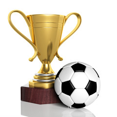 Golden trophy and classic soccer ball isolated