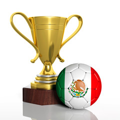 Fototapeta premium Golden trophy and ball with flag of Mexico isolated