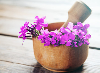 Willow-herb flowers in mortar