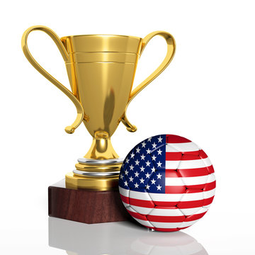 Golden trophy and ball with flag of USA  isolated