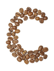 Letter C arranged from coffee beans top view isolated