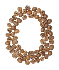 Letter O arranged from coffee beans top view isolated