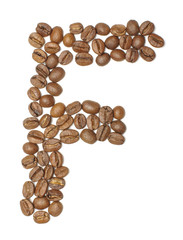 Letter F arranged from coffee beans top view isolated