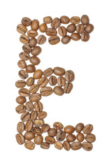 Letter E arranged from coffee beans top view isolated