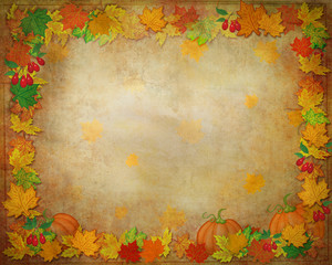 Golden background with colored leaves, fruits,berries. Autumn.