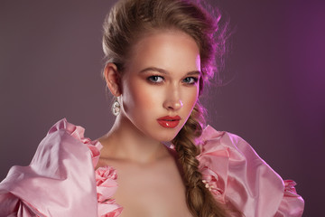 portrait of a beautiful girl in a pink dress, retro, history,