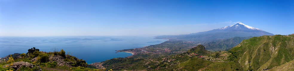 Etna and Giardini-Naxos bay view from Castelmola hills - obrazy, fototapety, plakaty