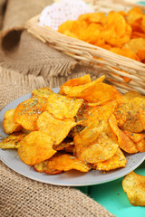 Homemade potato chips, close up