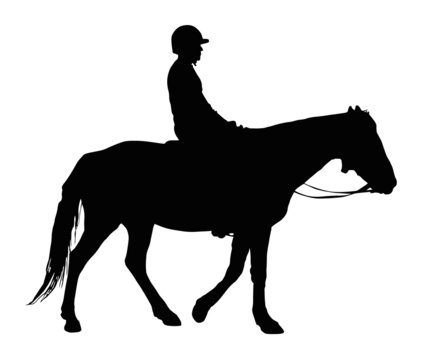Silhouette of Boy with Protective Helmet Riding Horse