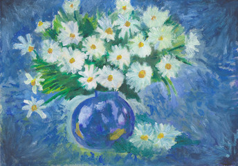 Obraz na płótnie Canvas Handpainted Chamomiles on the Blue background in a blue vase