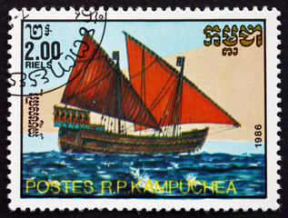 Postage stamp Cambodia 1986 Two-masted Lateen-rigged Ship